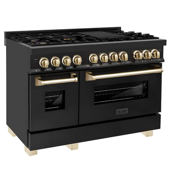 ZLINE Kitchen and Bath Autograph Edition 48 in. 7 Burner Double Oven Dual Fuel Range in Black Stainless Steel and Polished Gold