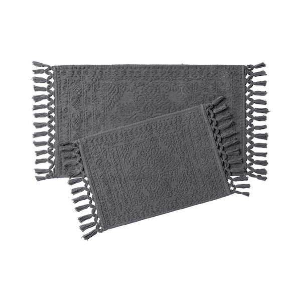 Nellore Charcoal Gray Fringe Solid Color Cotton Rectangle 2-Piece Bath Rug Set