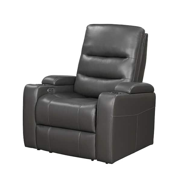 Lazzara Bryce Gray Faux Leather Power Recliner with Power Headrest, Receptacle, Cup-Holder Storage Arms and LED Light