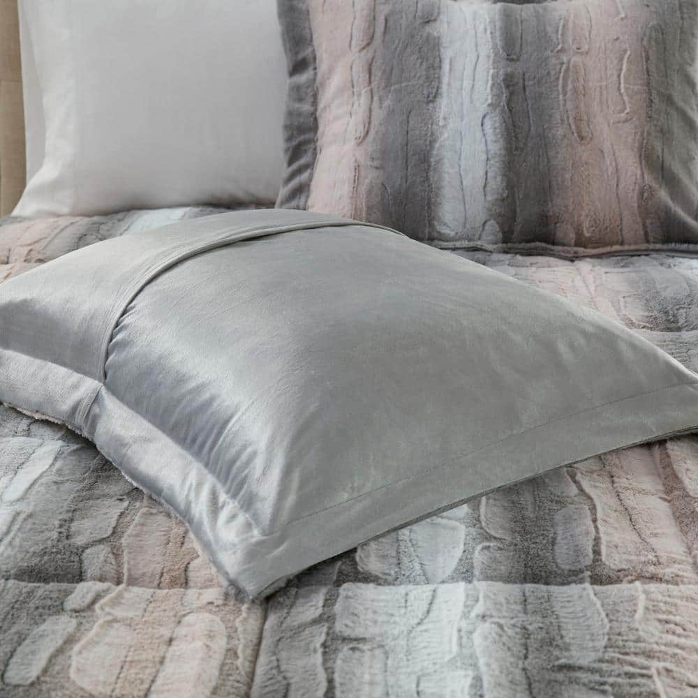 Blush and Gray Faux Fur Full Comforter Set