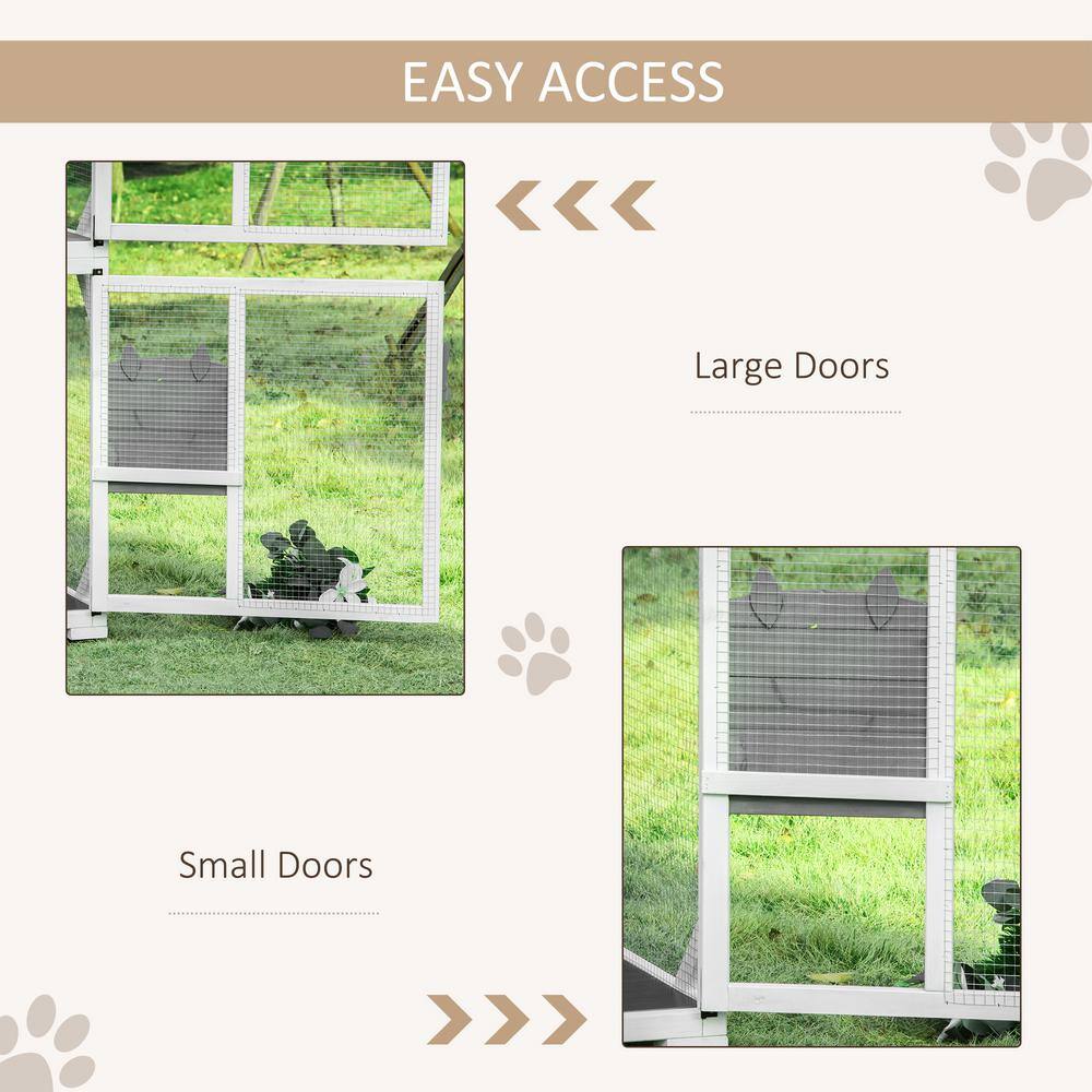 Large White and Gray Wooden Outdoor Cat House with Wheels