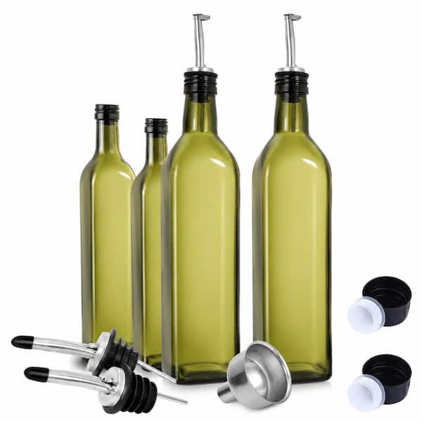 17 oz. Dark Green Glass Olive Oil Dispenser Bottle Set with Pour Spouts and Funnel, 2 Pack