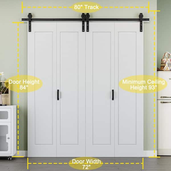 72 in. x 84 in. Paneled 1-Lite White Primed MDF Composite Bi-fold Sliding Barn Door with Hardware Kit and Handle