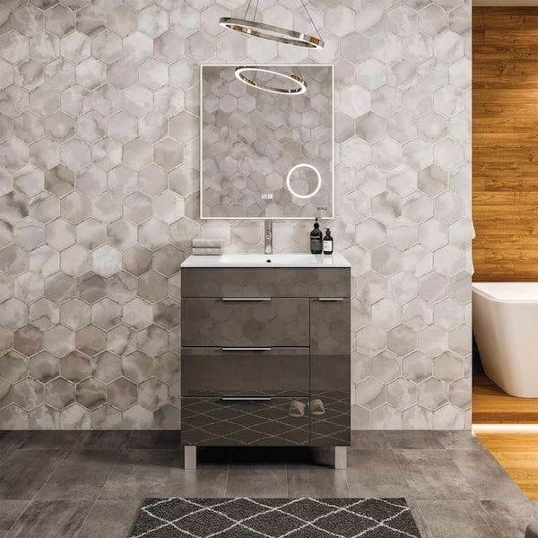 Eviva Geminis 28 in. W x 18 in. D x 34 in. H Bathroom Vanity in Gray with White Porcelain Top with White Sink