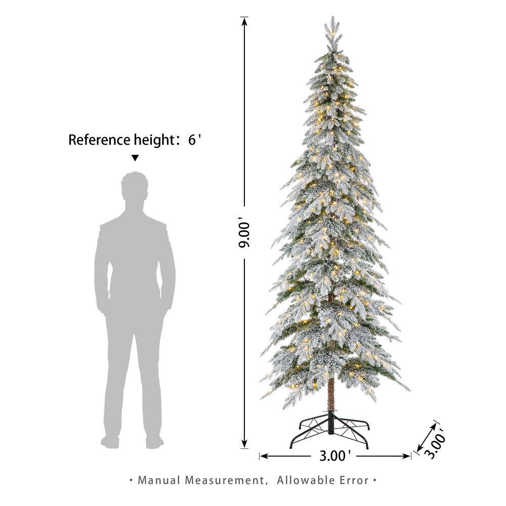 9ft Narrow Flocked Spruce Christmas Tree with Warm White Lights