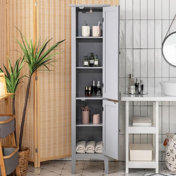 14.5 in. W x 14.5 in. D x 63 in. H Gray Wood Freestanding Linen Cabinet Bathroom Storage Cabinet