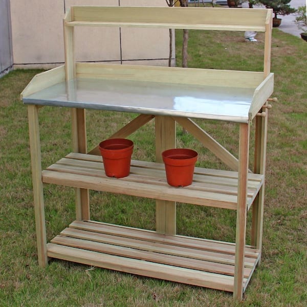 Garden Fir Wood Plant Bench Work Station with Edges and 3 Hooks