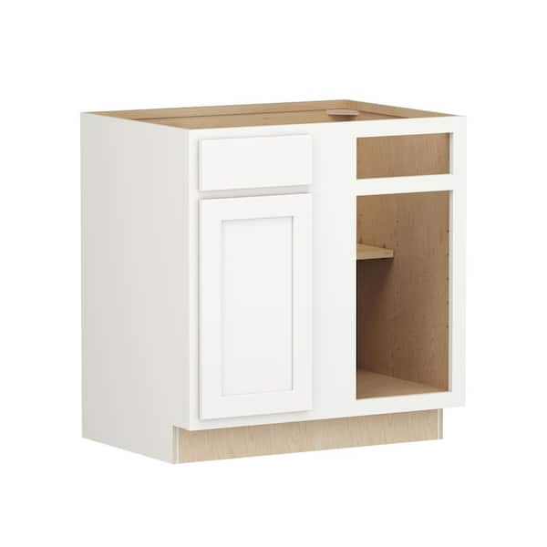 SIMPLY WOODMARK PRO Shaker Partial Overlay 33 in W x 24 in D x 34.5 in H Plywood Assembled Blind Corner Base Kitchen Cabinet in Linen White