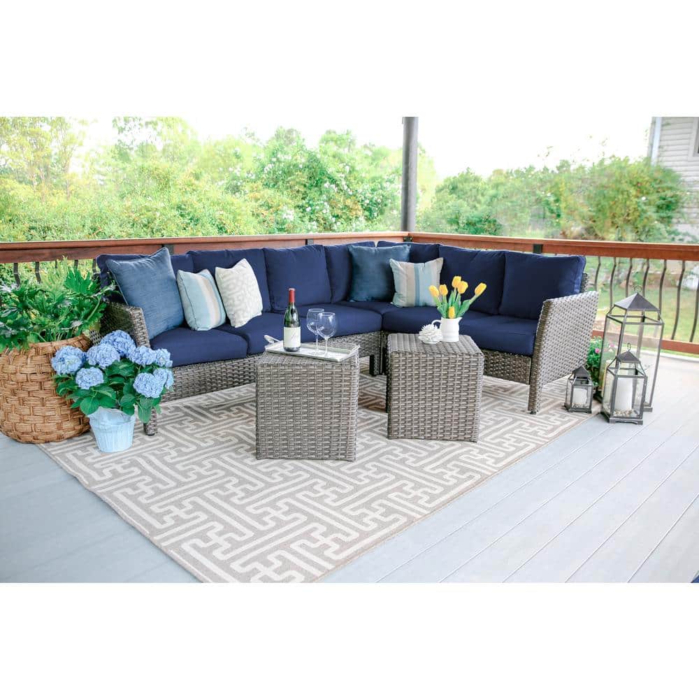 Leisure Made Canton 6-Piece Wicker Outdoor Sectional Seating Set with Navy Polyester Cushions -  768943-NVY