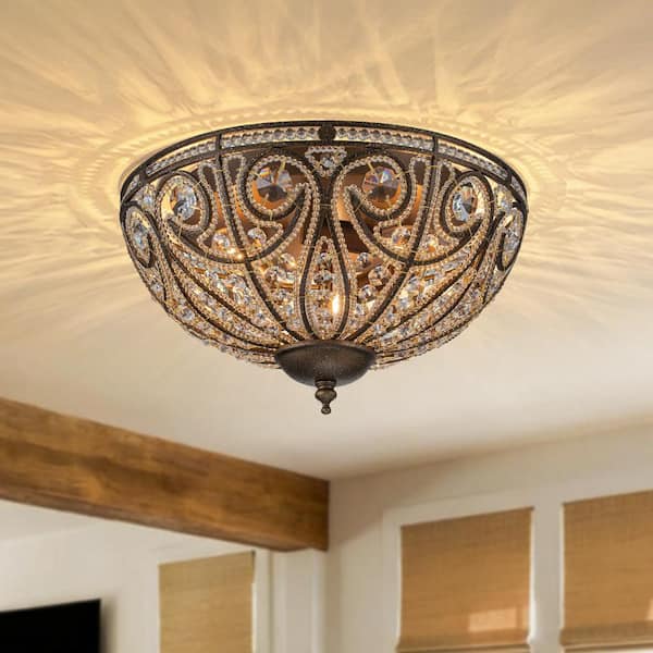 Vintage Crystal 13 in. 3-Light Antique Rust Flush Mount Vintage Classic Empire Ceiling Light with Crystal Accent