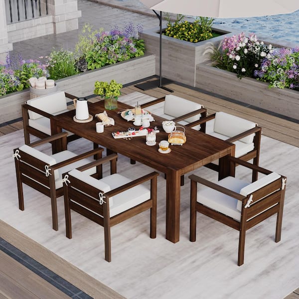 Zeus & Ruta Dark Brown 7-Piece Wood Outdoor Dining Set with Beige Cushions and 70.8" Rectangle Table for Backyard