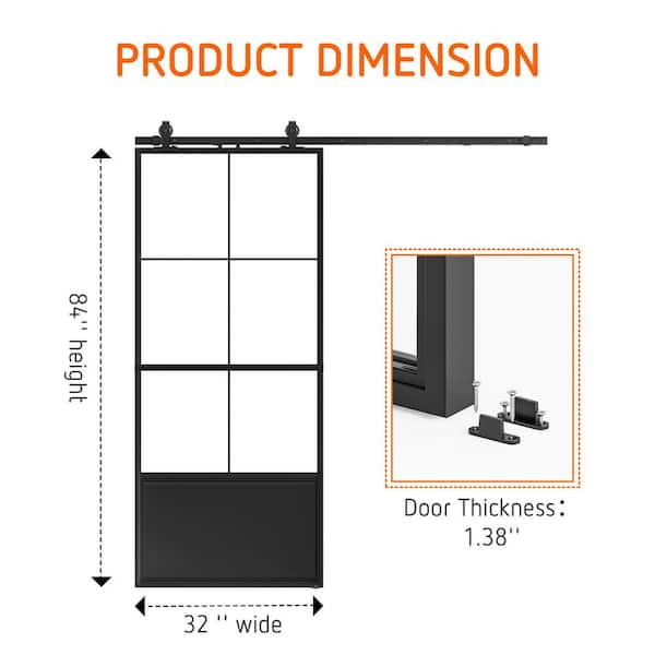 SOCBAZZAR - 32 in. x 84 in. 3/4-Lite Tempered Clear Glass Black Steel Frame Sliding Barn Door with Hardware Kit and Soft Close