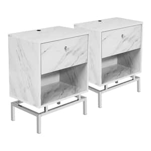 Milo 18 in. White Rectangle Wood Side Table with USB Port (Set of 2)