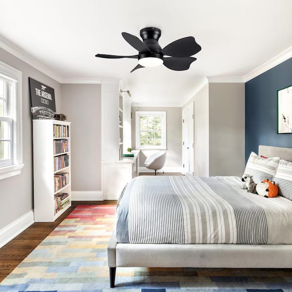 YUHAO 30 in. Indoor Low Profile Integrated LED Light Kids Black Ceiling Fan with Reversible Motor and Remote for Bedroom