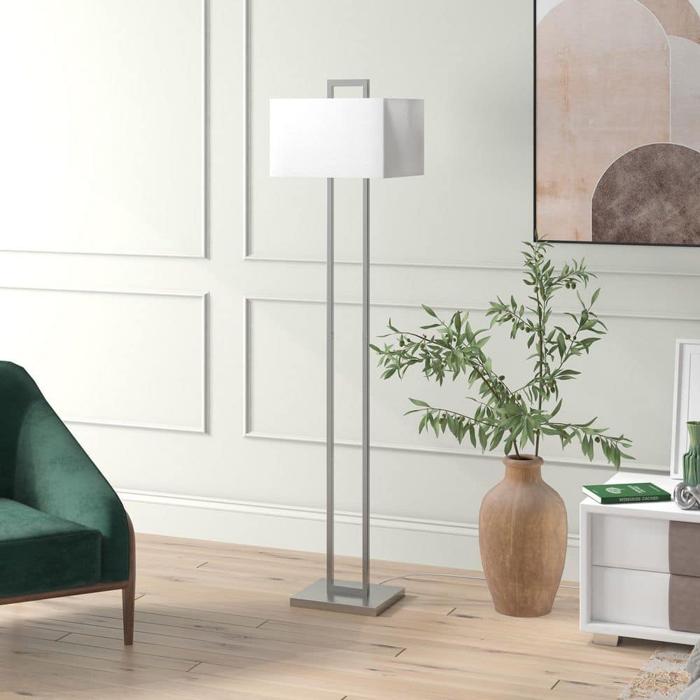 Arc Elegance 68" Tall Brushed Nickel Floor Lamp with White Linen Shade