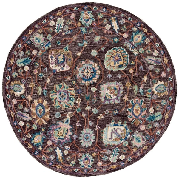 Blossom 6 ft. x 6 ft. Charcoal/Lavender Border Aztec Round Area Rug