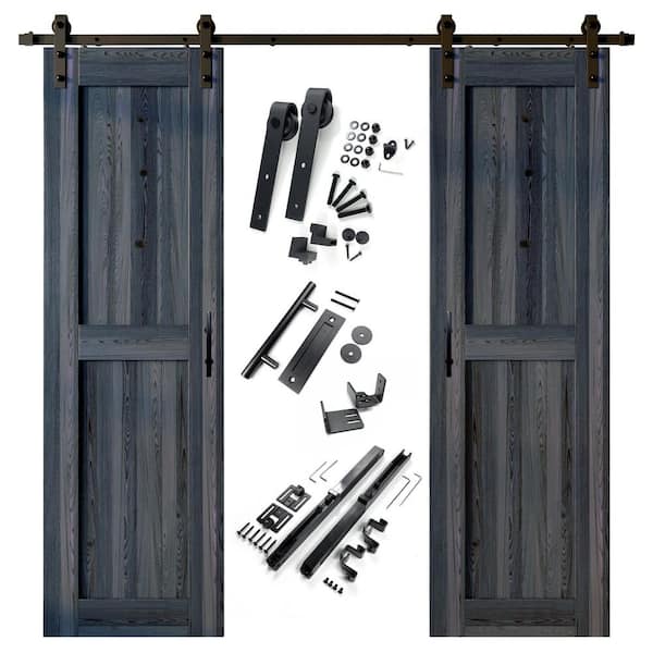 HOMACER 22 in. x 84 in. H-Frame Navy Double Pine Wood Interior Sliding Barn Door with Hardware Kit Non-Bypass