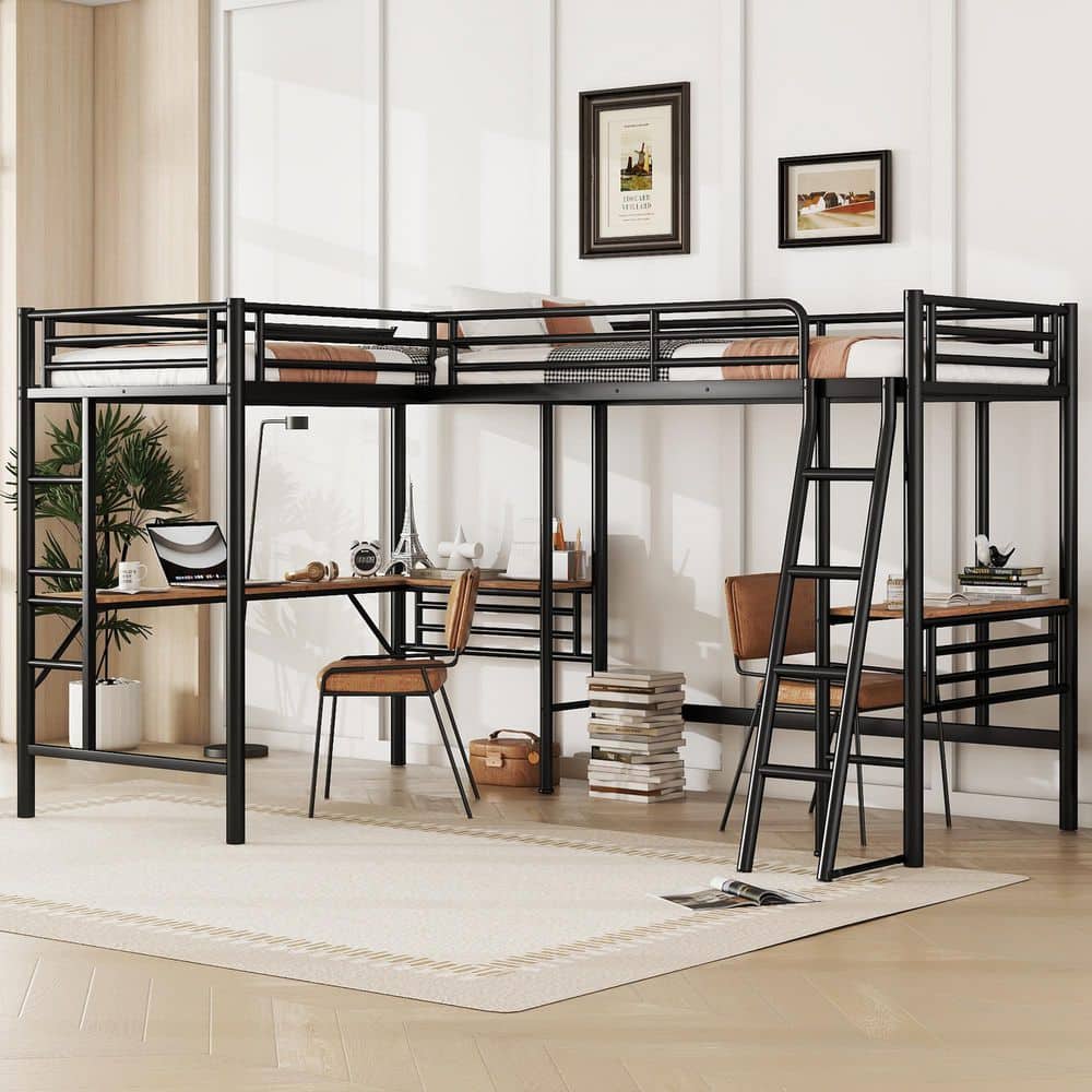 Twin Size Metal Loft Bed with Two Built-in Desks, Black price history on PriceWatchPro