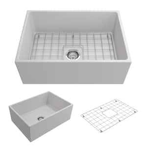 Contempo Matte White Fireclay 27 in. Single Bowl Farmhouse Apron Kitchen Sink with Bottom Grid and Strainer