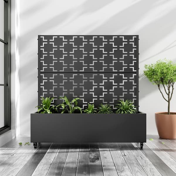 Lirago 47 in. x 47 in. Black Outdoor Metal Privacy Screen Raised Planter Box Wall Decor