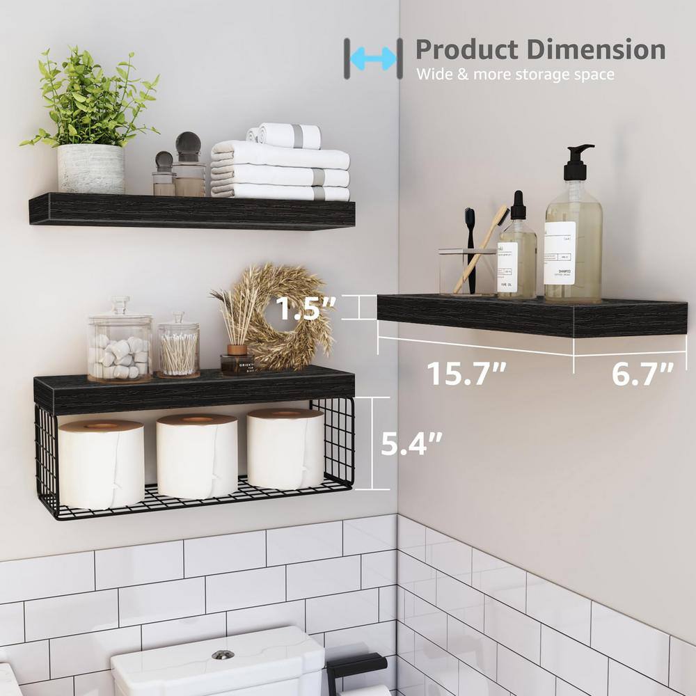 Bathroom Shelves Over Toilet Wall Mounted Floating Shelves Farmhouse Shelf Toilet Paper Storage Small 16 inch Set of 3,Black
