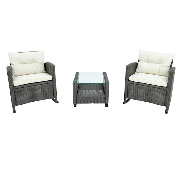 FORCLOVER 3-Piece Wicker Rocking Wicker Patio Conversation Set with Beige Cushions