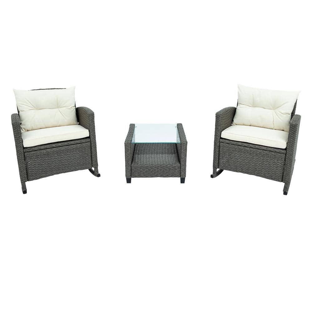 3-Piece Wicker Rattan Outdoor Rocking Chair Patio Furniture Set with Beige 