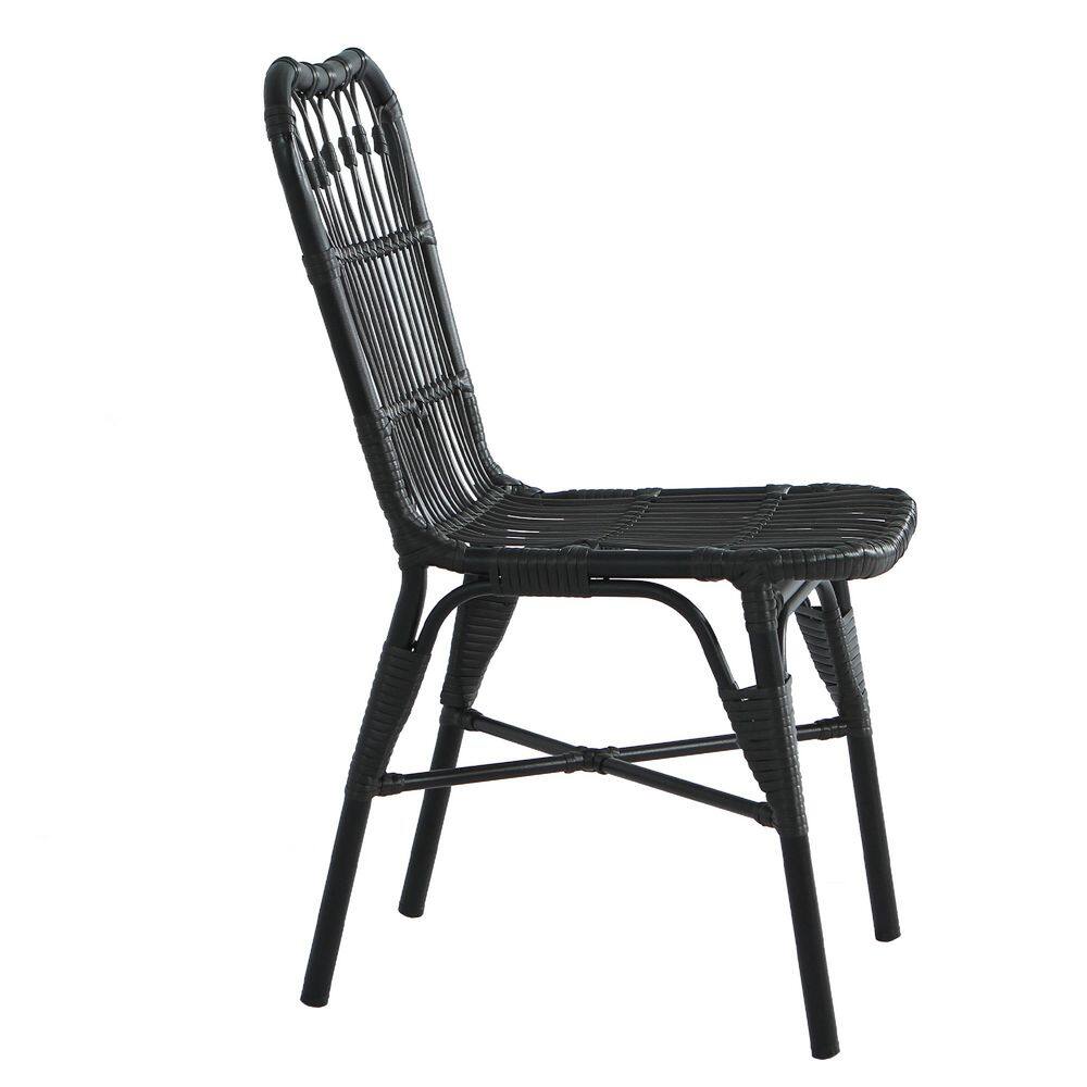 Side view of a black PE wicker dining chair.