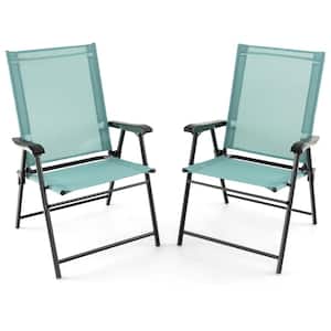 2 -Piece Folding Sling Back Chair Portable Armrests Metal Outdoor Dining Chair in Green