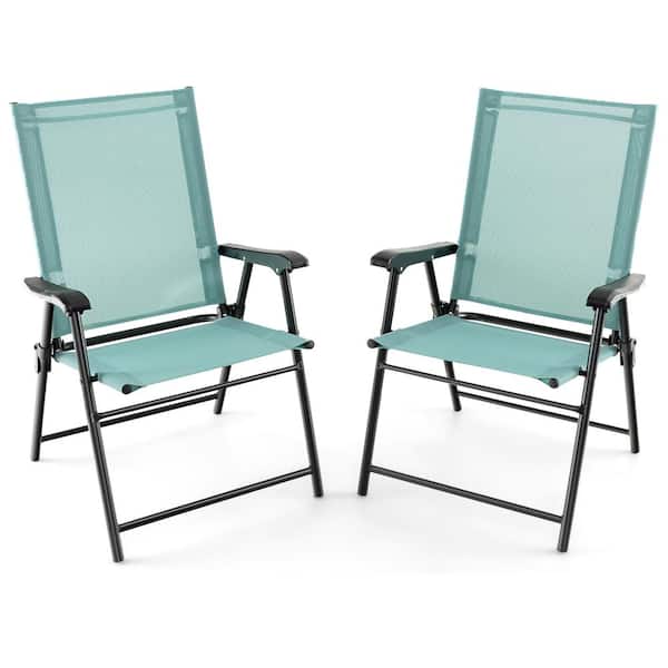 Costway 2 -Piece Folding Sling Back Chair Portable Armrests Metal Outdoor Dining Chair in Green