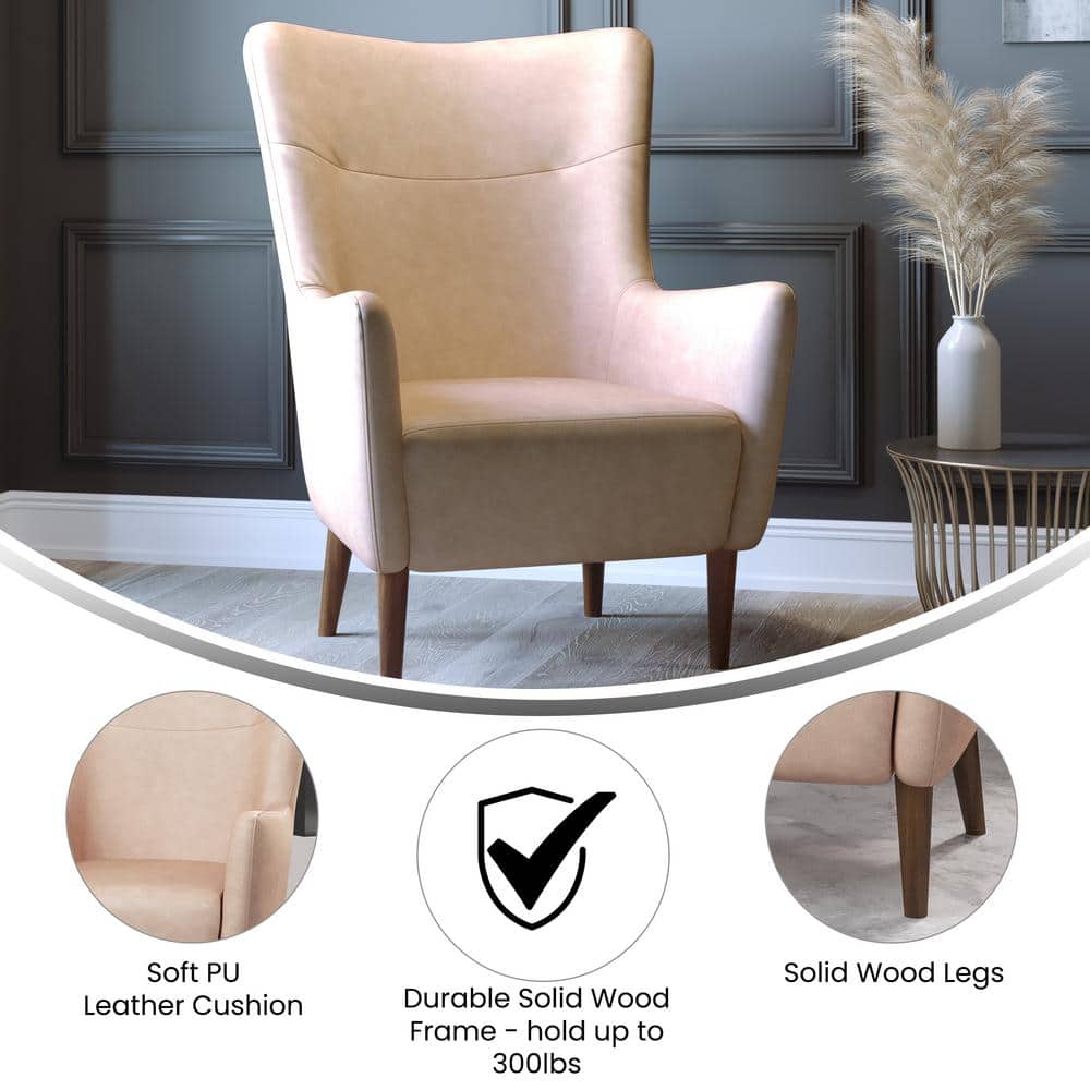 Light Brown Faux Leather Wingback Accent Chair with Wooden Legs