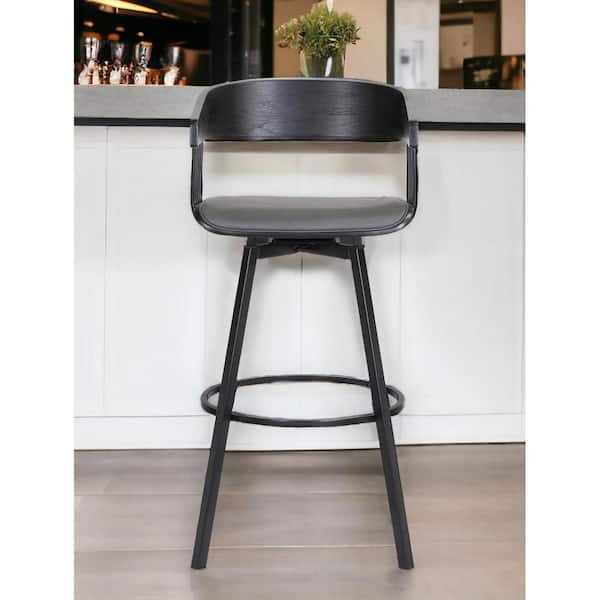 31 in. Black and Gray High Back Metal Bar Stool Faux Leather Seat
