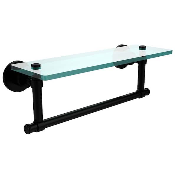 Allied Brass Washington Square16 in. L x 4 in. H x 5 in. W Clear Glass Vanity Bathroom Shelf with Towel Bar in Matte Black