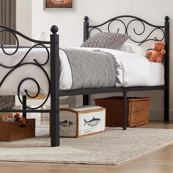 Twin Size Bed Frame Support with Headboard and Footboard, No Box Spring Need Metal Platform Bed, Black, 39" W