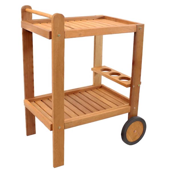 Sunnydaze Malaysian Hardwood Indoor/Outdoor Serving Cart with Built-In Bottle Holder