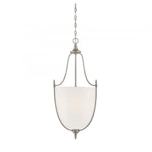 Herndon 16 in. W x 34 in. H 3-Light Satin Nickel Shaded Pendant Light with Frosted Glass Shade
