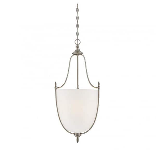 Savoy House Herndon 16 in. W x 34 in. H 3-Light Satin Nickel Shaded Pendant Light with Frosted Glass Shade