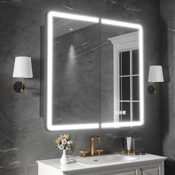 36 in. W x 32 in. H Rectangular Iron Medicine Cabinet with Mirror, Dimmable RGB Flowing Lights, Defogger, Outlet and USB