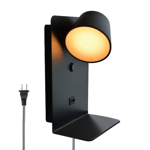Zompoo 5.5 in. 1-Light Plug in Black LED Rotate Shade Wall Sconces with Shelf and USB port, 7-Watts 3000K Wall Light