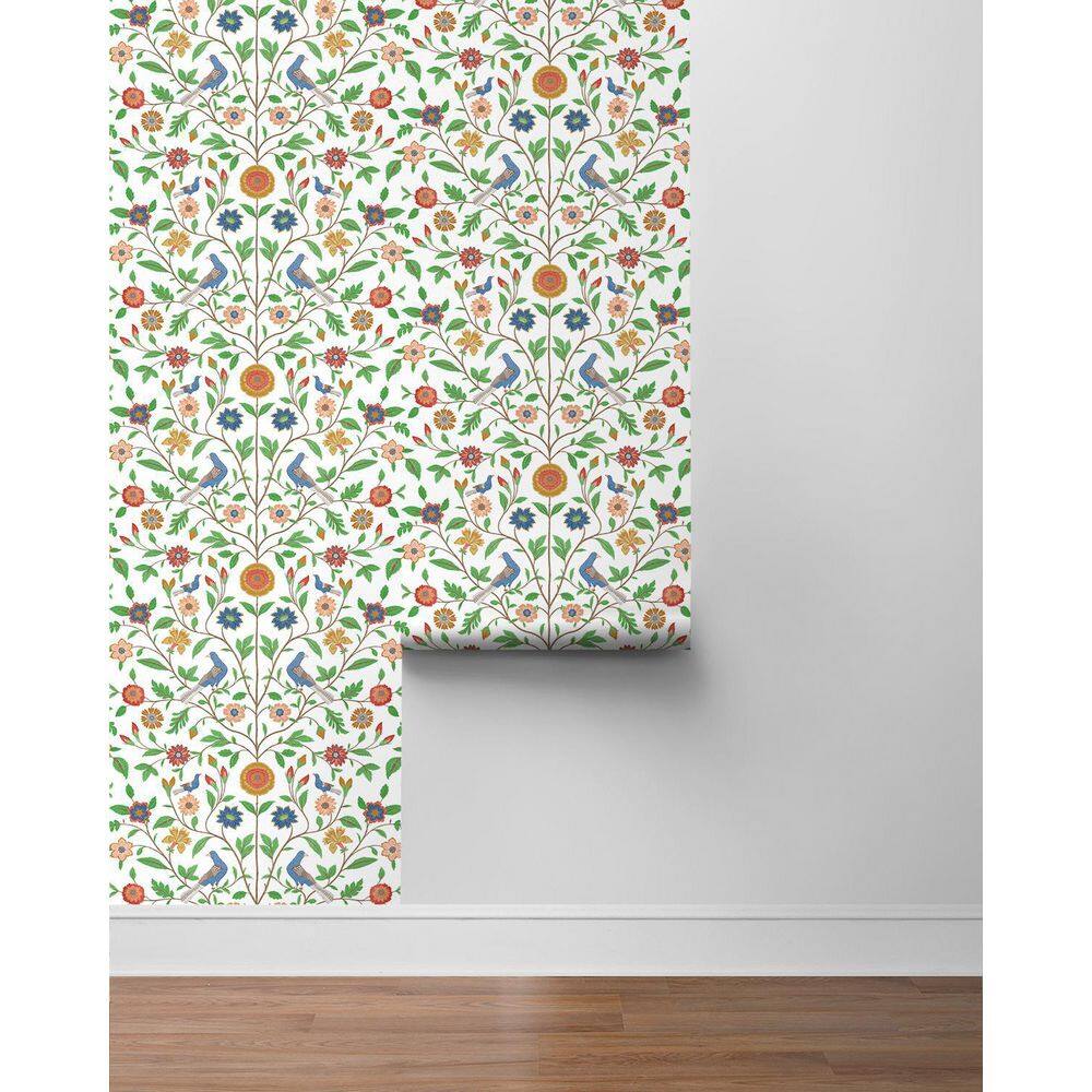 White and Multicolor Bird Toile Vinyl Peel and Stick Wallpaper Roll