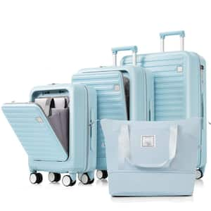 4-Piece Light Blue Expandable ABS Hardshell Spinner Luggage Set with Travel Bag, USB Port, Cup Holder, Hooks