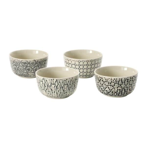 Hand-Stamped Ceramic Salad Bowls with Embossed Patterns, Black and Cream