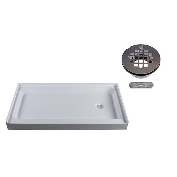 60 in. x 34 in. Single Threshold Alcove Shower Pan Base with Right Hand Plastic Drain in Polished Chrome