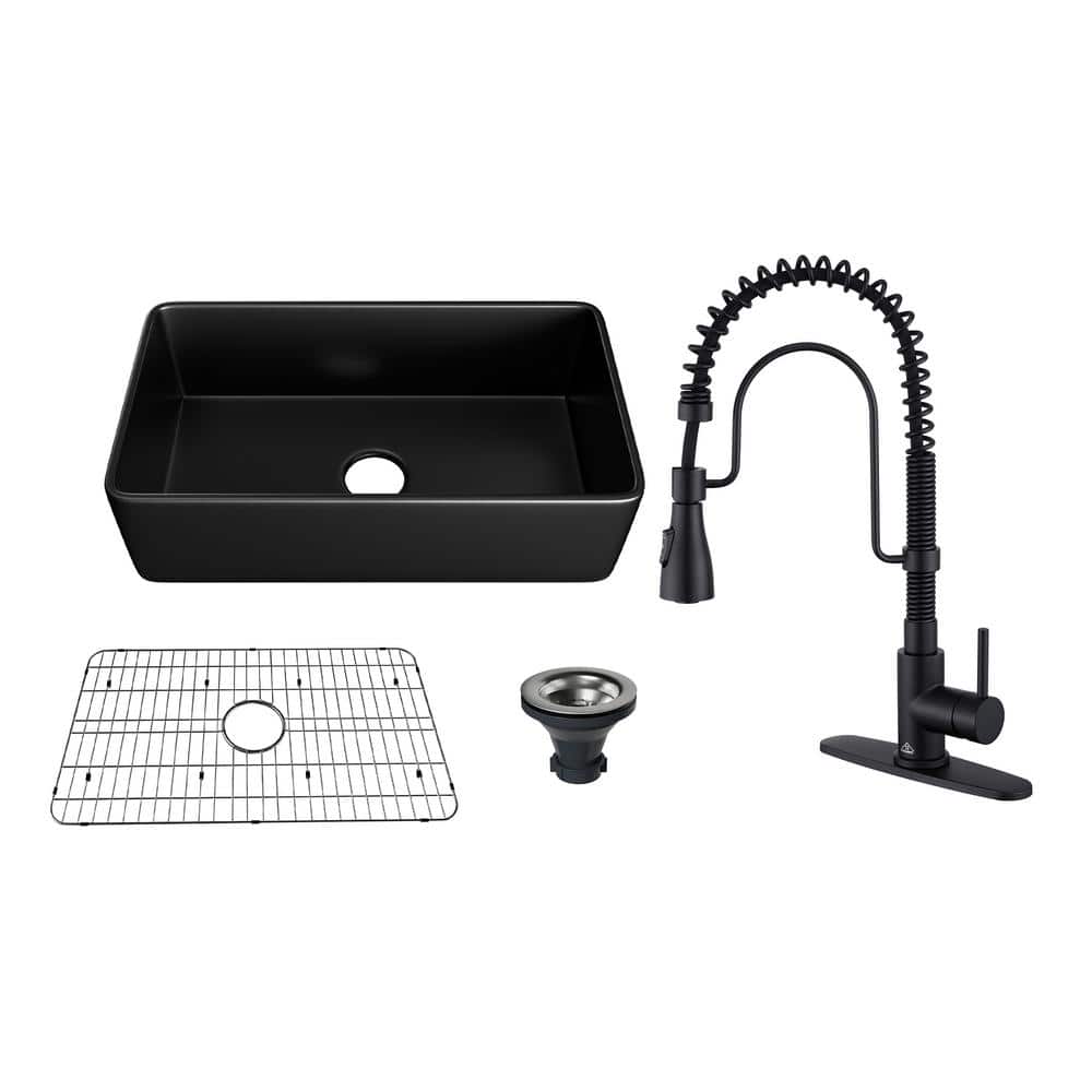 All-in-One 33 in. Farmhouse/Apron-Front Single Bowl Fireclay Kitchen Sink with Kitchen Faucet, Grid and Basket Strainer price history on PriceWatchPro