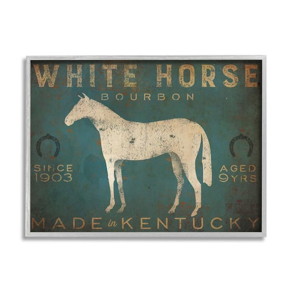 The Stupell Home Decor Collection White Horse Bourbon Vintage Sign Design By Ryan Fowler Framed Typography Art Print 14 in. x 11 in.