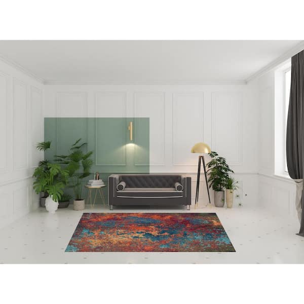 7' X 10' Blue and Orange Abstract Power Loom Area Rug