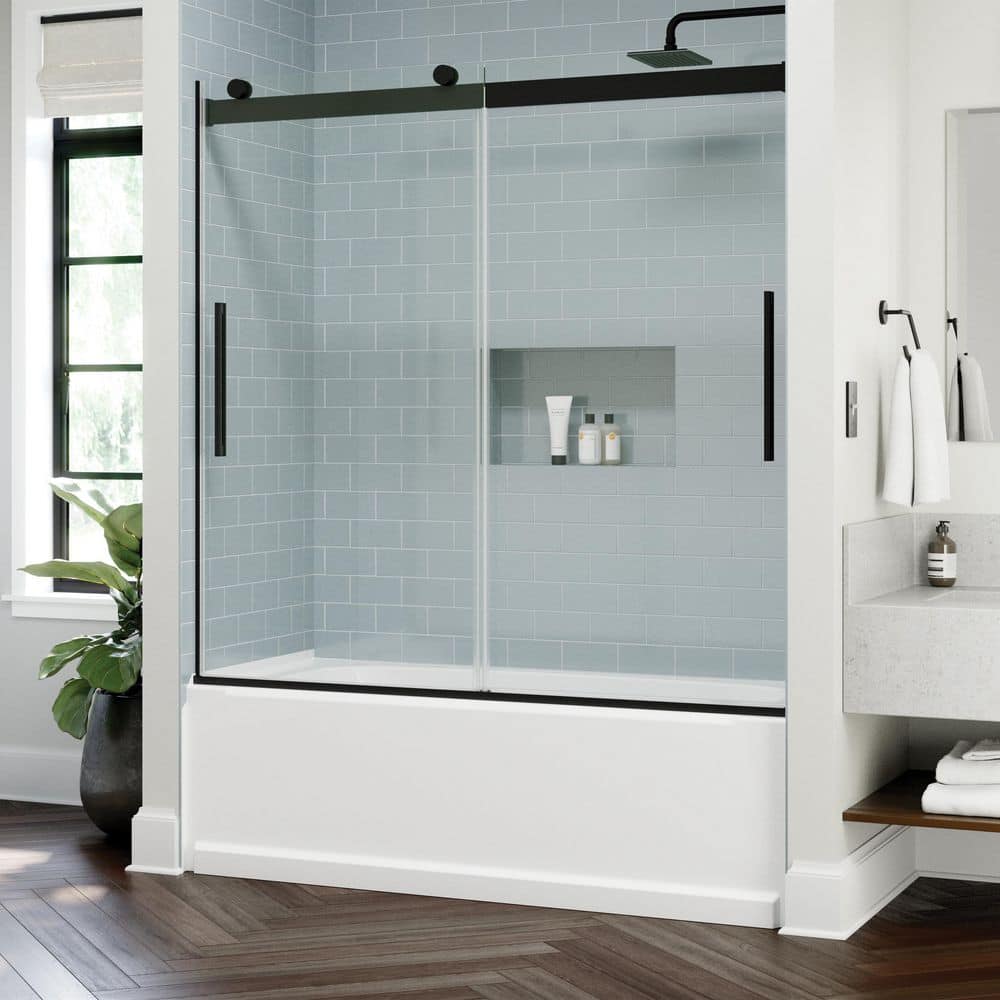 Classic 500 55-3/8 to 59-3/8 in. W x 59 in. H Frameless Sliding Bathtub Door in Matte Black with 1/4 in. Clear Glass price history on PriceWatchPro