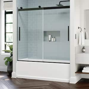Classic 500 55-3/8 to 59-3/8 in. W x 59 in. H Frameless Sliding Bathtub Door in Matte Black with 1/4 in. Clear Glass