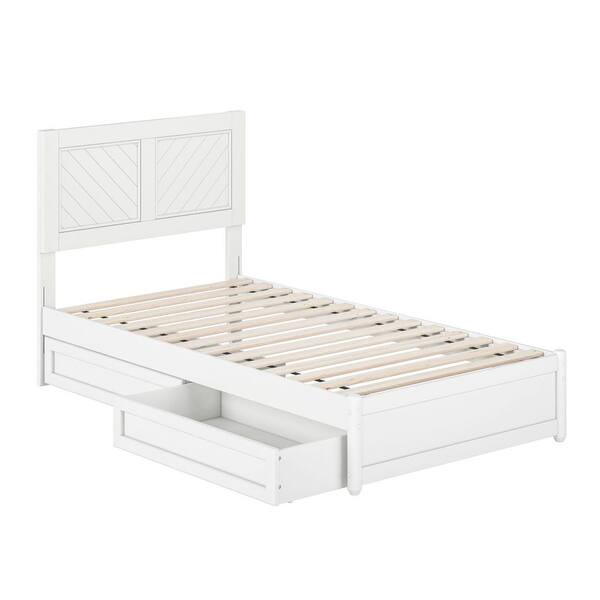 Clayton White Solid Wood Frame Twin Platform Bed with Panel Footboard and Storage Drawers