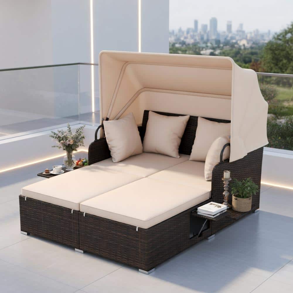Heavy-Duty PE Wicker Daybed, Retractable Canopy, Foldable Trays with Navy & Beige Cushions price history on PriceWatchPro